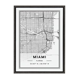 Kate and Laurel Sylvie Miami Modern Map Framed Canvas Wall Art by Jake Goossen, 18×24 Gray, Decorative Map Art for Wall