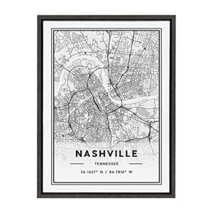 Kate and Laurel Sylvie Nashville Modern Map Framed Canvas Wall Art by Jake Goossen, 18×24 Gray, Decorative Map Art for Wall