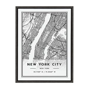 Kate and Laurel Sylvie New York City Modern Map Framed Canvas Wall Art by Jake Goossen, 18×24 Gray, Geographical Map for Wall
