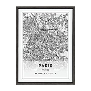 Kate and Laurel Sylvie Paris Modern Map Framed Canvas Wall Art by Jake Goossen, 18×24 Gray, Geography Art for Wall