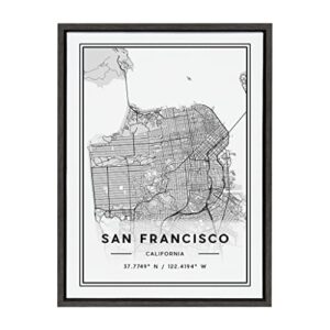 Kate and Laurel Sylvie San Francisco Modern Map Framed Canvas Wall Art by Jake Goossen, 18×24 Gray, Decorative Map Art for Wall