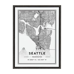 Kate and Laurel Sylvie Seattle Modern Map Framed Canvas Wall Art by Jake Goossen, 18×24 Gray, Decorative Map Art for Wall