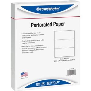 PrintWorks Professional Paper, 8.5 x 11, 20 lb, 2 Horizontal Perfs 3.66″ and 7.33″, 500 Sheets, White (04120)