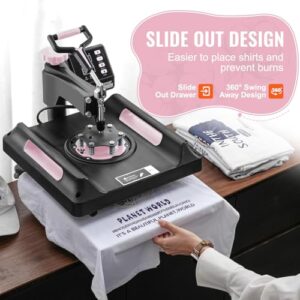 VEVOR Pro 15×15 Heat Press with 30 OZ Tumbler Attachment, 8in1 Combo Tumbler Hat Heat Press for T-Shirts, Tumblers Glass Cans Mugs Hats Caps, and Plates (Black & Pink)