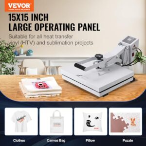 VEVOR Heat Press, 15×15 Heat Press Machine, Fast Heating, High Pressure Heat Press Machine for T-Shirt, Power Digital Industrial Sublimation Printer for Heat Transfer Vinyl, Easy to Use, White