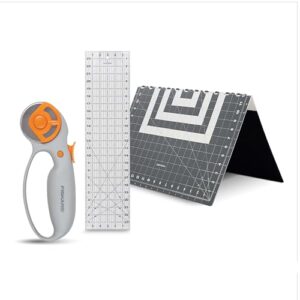 Fiskars Rotary Cutter 3-Piece Set – 45mm Blade Rotary Cutter for Fabric, Self Healing Cutting Mat, and Sewing Ruler – Craft Supplies – White/Gray