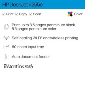 HP DeskJet 4255e Wireless All-in-One Color Inkjet Printer, Scanner, Copier, Best-for-Home, 3 Months of Ink Included (588S6A)