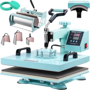 VEVOR 15×15 Heat Press Machine 8 in 1 Combo with 30 OZ Tumbler Press & Hat Press, Slide Out Heat Press Sublimation Machine for T-Shirts, Hats Caps Tumblers Glass Cans Mugs, and Plates (Light Green)