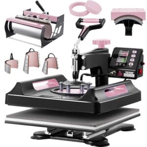VEVOR Pro 15×15 Heat Press with 30 OZ Tumbler Attachment, 8in1 Combo Tumbler Hat Heat Press for T-Shirts, Tumblers Glass Cans Mugs Hats Caps, and Plates (Black & Pink)