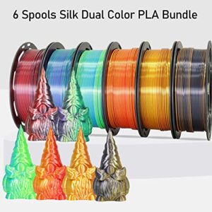 MIKA3D 6 Spools Bicolor Dual Color 1.75mm 3D Printer Filament Bundle, 3D Printing Silk PLA, Silk Red-Gold/Red-Black/Black-Orange/Gold-Copper/Lime Green-Blue/Green-Purple, 3D Silk PLA 250g X 6 Spools