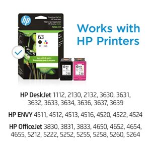 HP 63 Black/Tri-color Ink (2-pack) | Works with HP DeskJet 1112, 2130, 3630 Series; ENVY 4510, 4520 Series; OfficeJet 3830, 4650, 5200 Series | Eligible for Instant Ink | L0R46AN