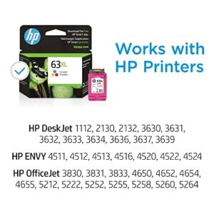 HP 63XL Tri-color High-yield Ink Cartridge | Works with Printer Series: DeskJet 1112, 2130, 3630; ENVY 4510, 4520; OfficeJet 3830, 4650, 5200 | Eligible for Instant Ink | F6U63AN