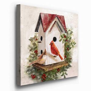 Renditions Gallery Cardinals & Birdhouse Wall Art, Cute Winter Artwork, Festive Birds & Holly, Vintage Look, Premium Gallery Wrapped Canvas Decor, Ready to Hang, 24 in H x 24 in W, Made in America
