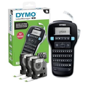 DYMO LabelManager 160 Portable Label Maker Bundle Easy-to-Use One-Touch Smart Keys QWERTY Keyboard Large Display For Home & Office Organization Includes 3 D1 Label Cassettes