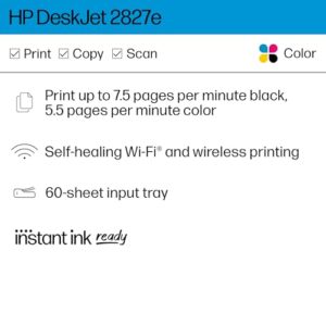 HP DeskJet 2827e Wireless All-in-One Color Inkjet Printer, Scanner, Copier, Best for Home, 3 Months of Instant Ink Included (6W7F5A)