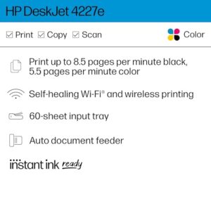 HP DeskJet 4227e Wireless All-in-One Color Inkjet Printer, Scanner, Copier, Best for Home, 3 Months of Instant Ink Included (6W7F0A)