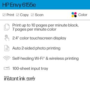 HP Envy 6155e Wireless All-in-One Color Inkjet Printer, Print, scan, Copy, Duplex Printing Best-for-Home, 3 month Instant Ink trial included (714L5A)