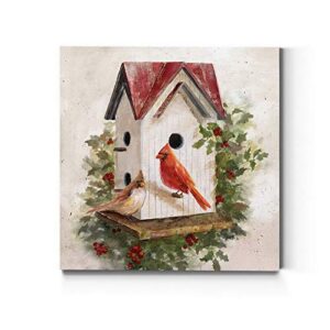 Renditions Gallery Cardinals & Birdhouse Wall Art, Cute Winter Artwork, Festive Birds & Holly, Vintage Look, Premium Gallery Wrapped Canvas Decor, Ready to Hang, 24 in H x 24 in W, Made in America